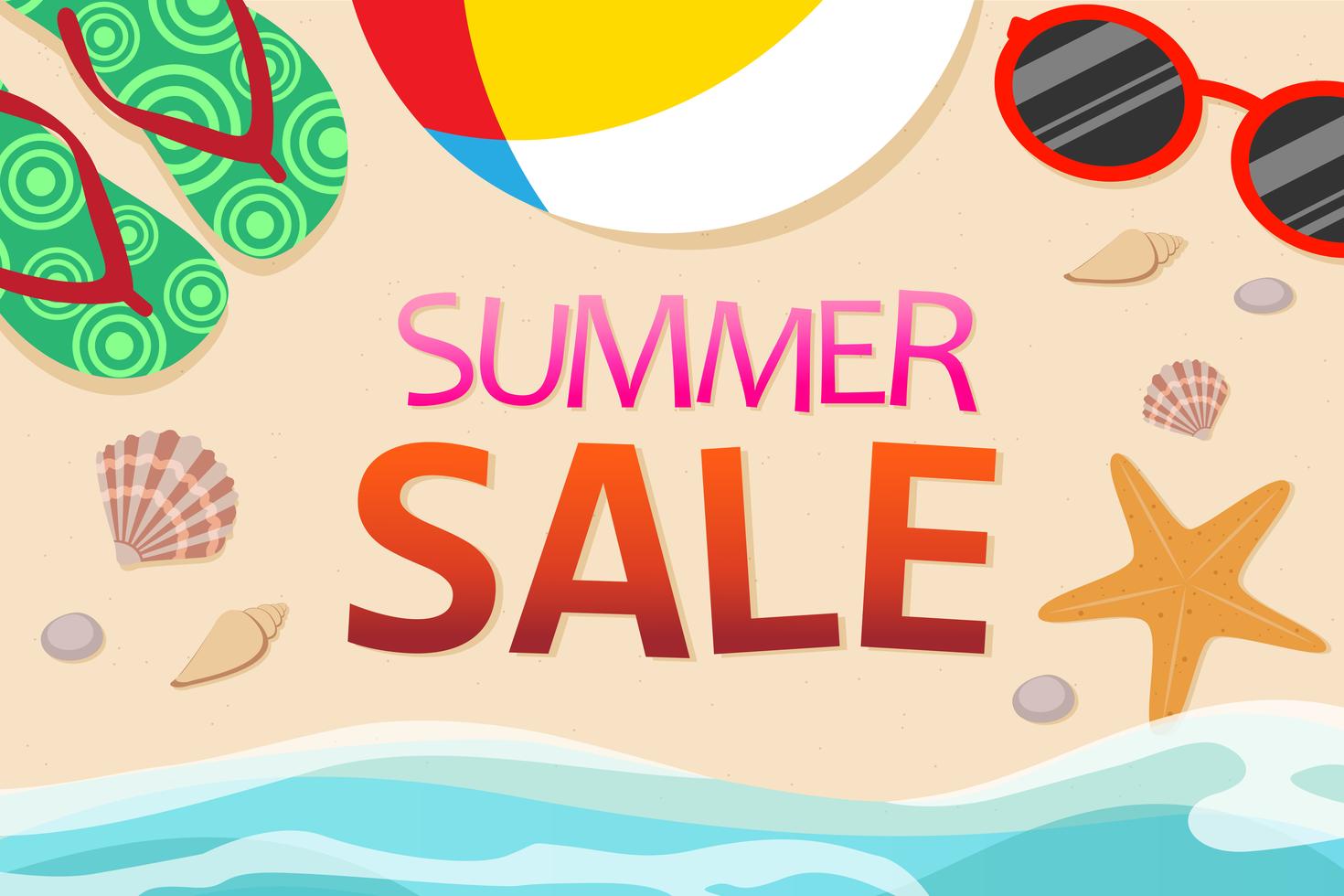 Vector Top View Of Summer Sale Banner Template Decoration With Objects On Beach